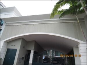 GCI forensic pool deck leak investigation showing water leaching out at edge of pool deck parapet wall