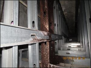 GCI forensic pool deck leak investigation showing corrosion to metal studs supporting ceiling beneath pool deck