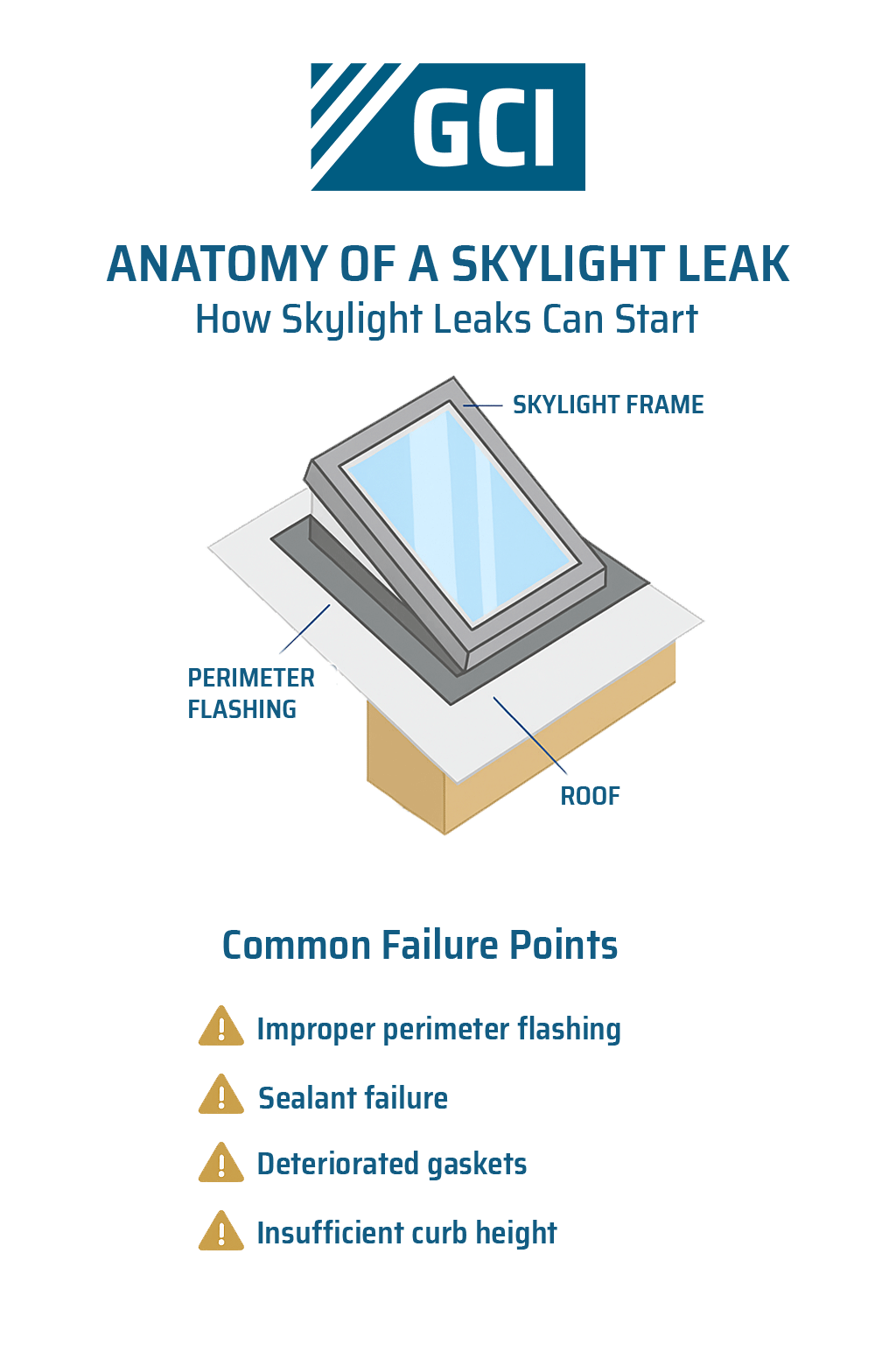 Infographic titled “Anatomy of a Skylight Leak,” illustrating common failure points and water entry paths in residential skylight assemblies.