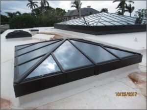View of multiple sloped skylights installed at a luxury Palm Beach residence, part of a skylight water leakage investigation by GCI Consultants.